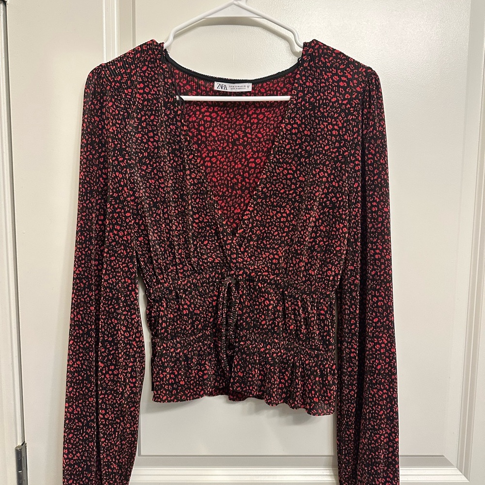 Zara Women's Red Floral Wrap Top, worn once !